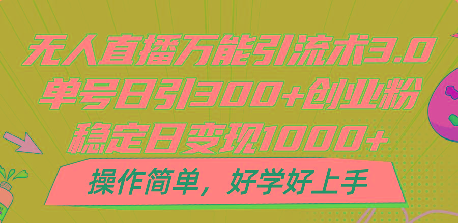 无人直播万能引流术3.0，单号日引300+创业粉，稳定日变现1000+，操作简单-数屿科技资源网