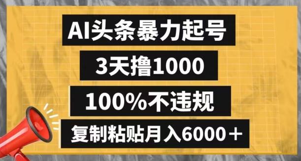 AI头条暴力起号,3天撸1000,100%不违规,复制粘贴月入6000+【揭秘】-数屿科技资源网