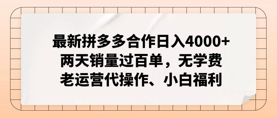最新拼多多合作日入4000+两天销量过百单，无学费、老运营代操作、小白福利-数屿科技资源网